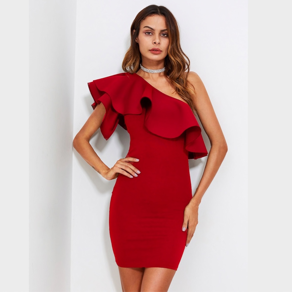 Ruffle One Shoulder Bodycon Mini Dress Red - Picture 2 of 6